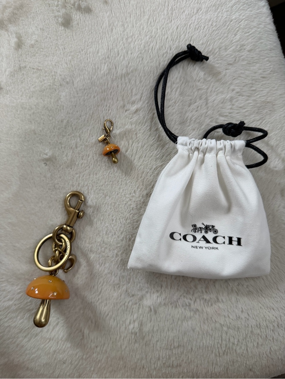 Coach Orange Enamel Mushroom Charm Keyring with Gold-Tone Hardware